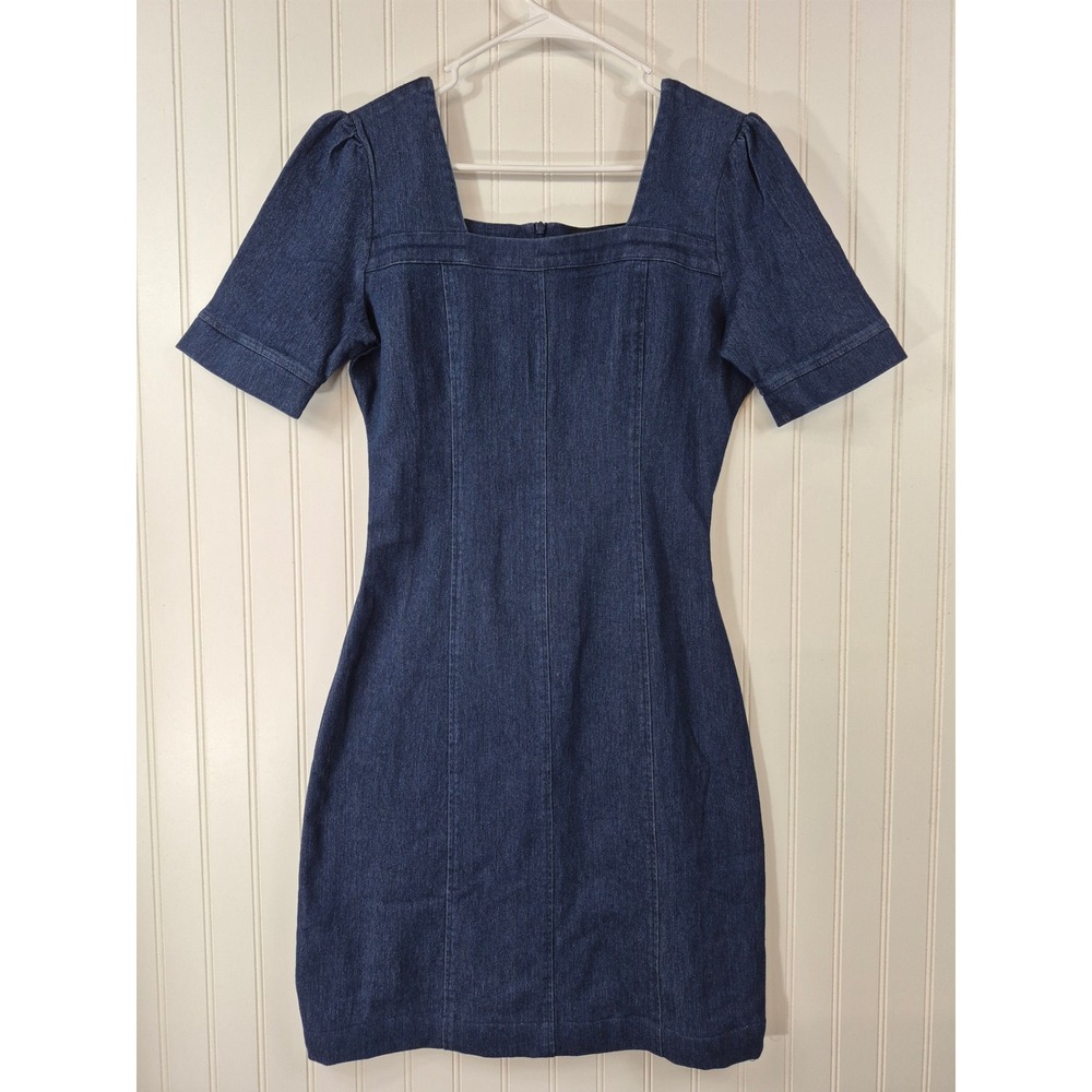Mikarose Denim Sheath Dress Blue Square Neck Puff Sleeve Modest Mini Small